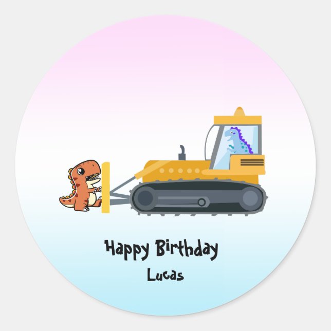 Funny dinosaur tractor boy Back To School Birthday Classic Round Sticker (Front)
