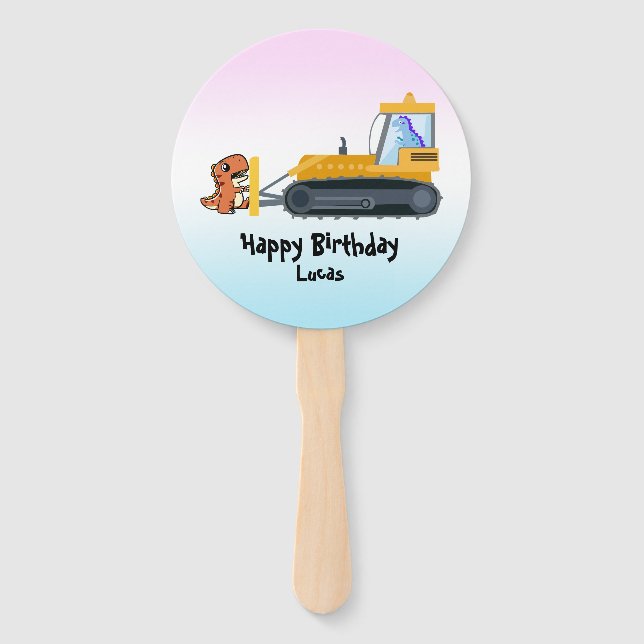 Funny dinosaur tractor boy Back To School Birthday Hand Fan (Front)