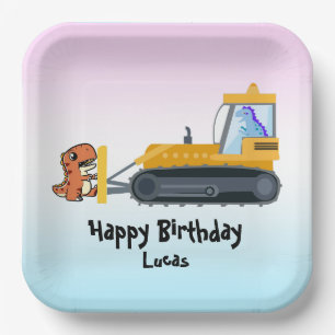 Funny dinosaur tractor boy Back To School Birthday Paper Plate