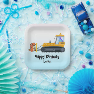 Funny dinosaur tractor boy Back To School Birthday Paper Plate