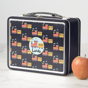 Funny dinosaur train truck boy Back to School name Metal Lunch Box