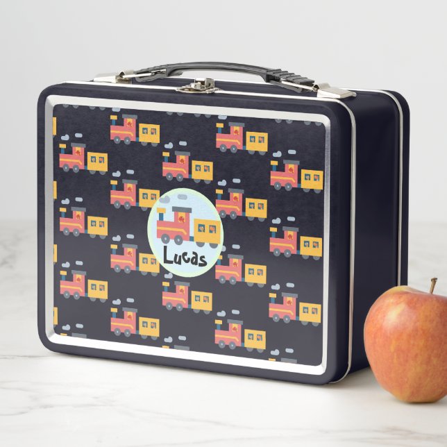 Funny dinosaur train truck boy Back to School name Metal Lunch Box (In Situ)