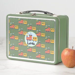 Funny dinosaur train truck boy Back to School name Metal Lunch Box