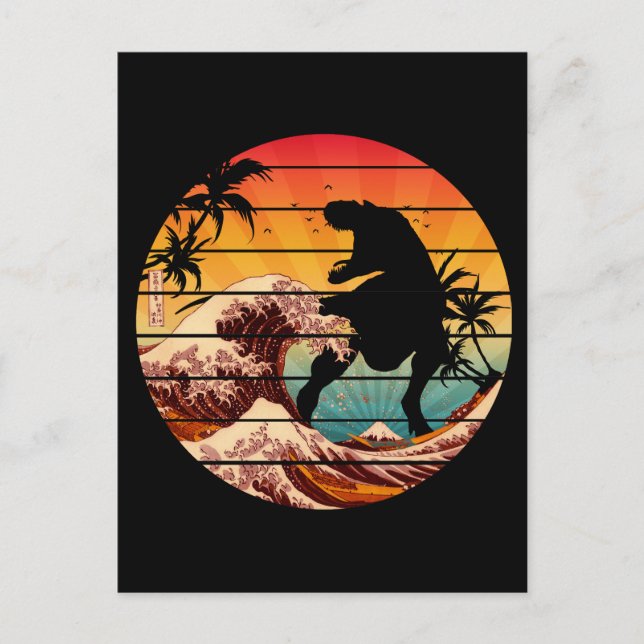 FUNNY DINOSAUR WAVE OF KANAGAWA VINTAGE POSTCARD (Front)