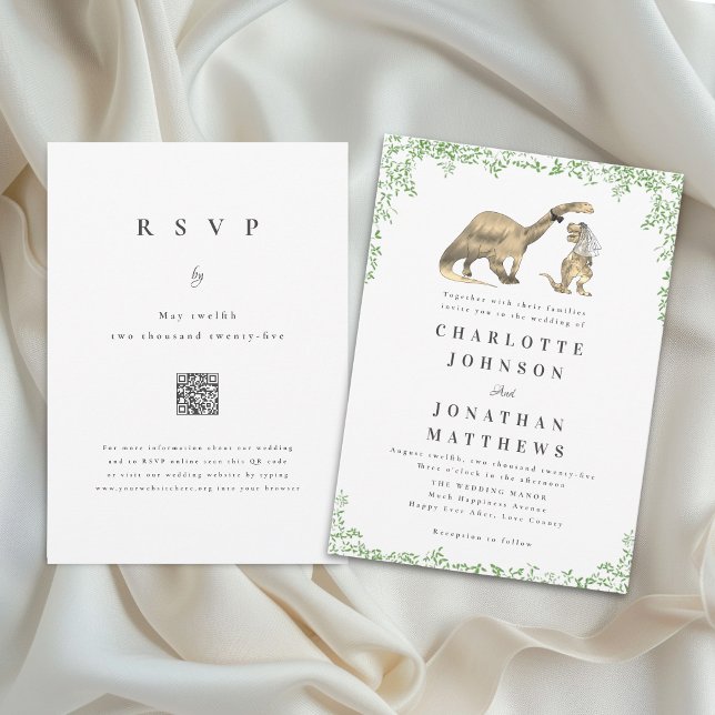 Funny Dinosaur Wedding QR Code Invitation (Funny dinosaur bride and groom Jurassic wedding qr code invitation Watercolor foliage elegant script)