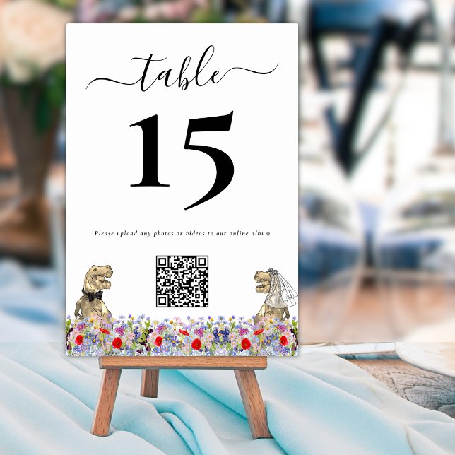 Funny Dinosaur Wedding QR Code Table Number (Funny Dinosaur bride and groom custom wedding qr code table numbers Colorful watercolor wildflowers)