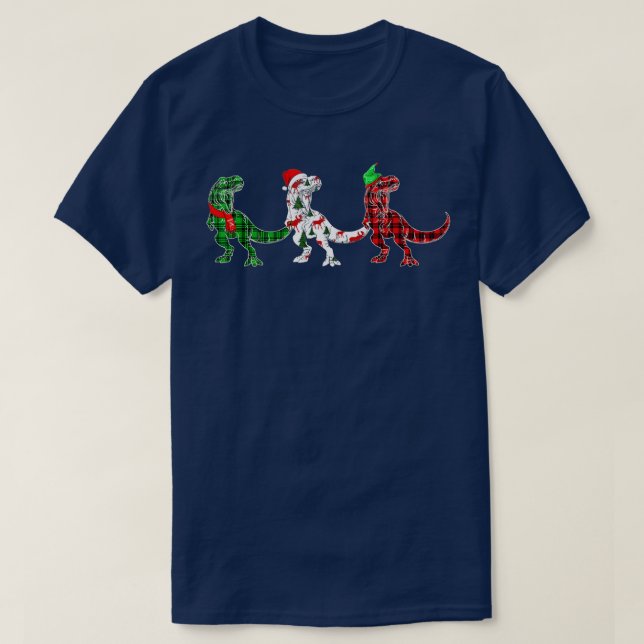 Funny Dinosaur Xmas Tree Lights Red Plaid T Rex Ch T-Shirt (Design Front)