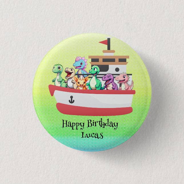 Funny dinosaur Yacht Birthday party DIY Name 1 Inch Round Button (Front)
