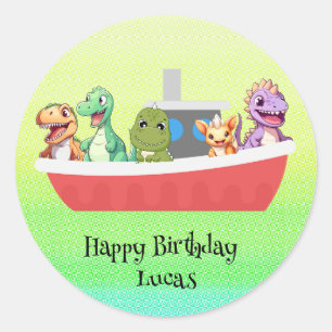 Funny dinosaur Yacht Birthday party DIY Name Classic Round Sticker