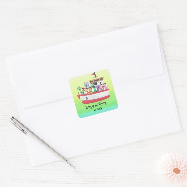 Funny dinosaur Yacht Birthday party DIY Name Square Sticker (Envelope)