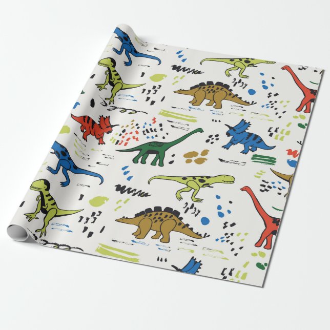 funny dinosaurs graphic colour pattern wrapping paper (Unrolled)