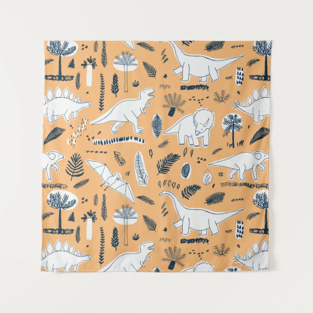 funny dinosaurs with palm leaves pattern tapestry (Front)