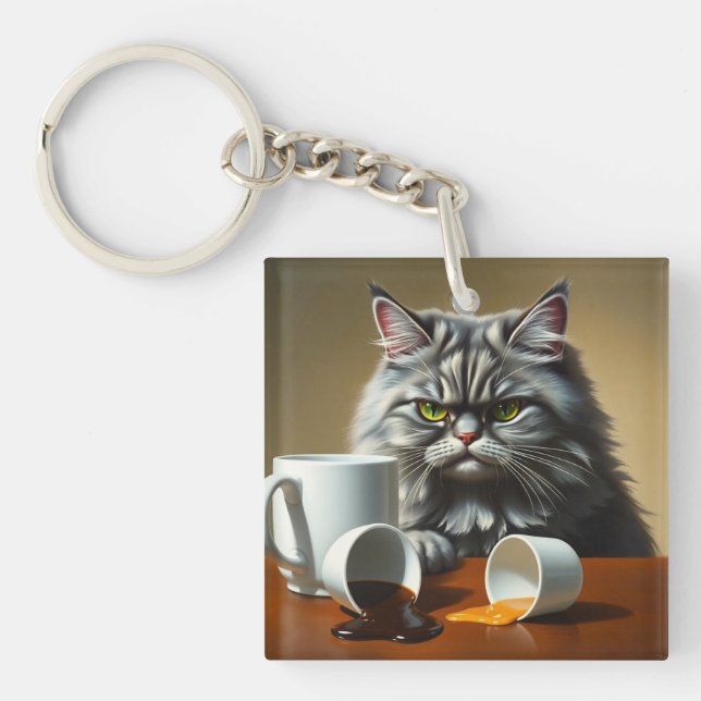 Funny Disappointed Cat With Coffee Mug Keychain (Front)