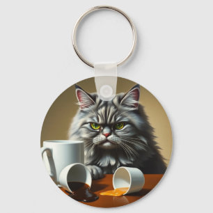 Funny Disappointed Cat With Coffee Mug Keychain