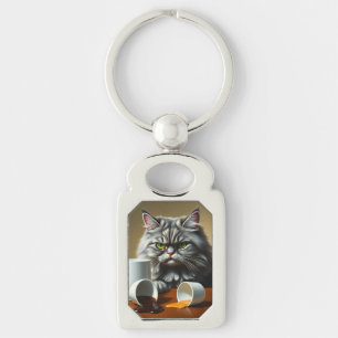 Funny Disappointed Cat With Coffee Mug Keychain