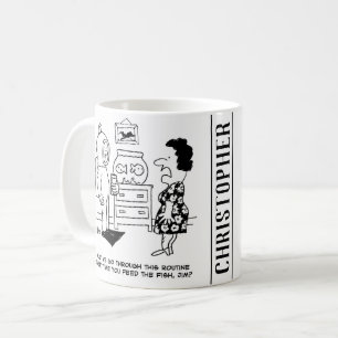 Funny Diver Cartoon with Man Feeding Goldfish Coffee Mug