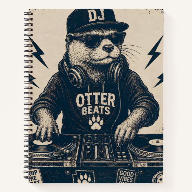 Funny DJ Animal Vintage EDM Turntable Illustration Notebook (Front)