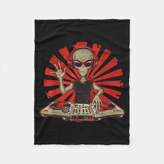 Funny Dj Graphic Tee Music Lover Alien Dj Music Mi Fleece Blanket (Front)