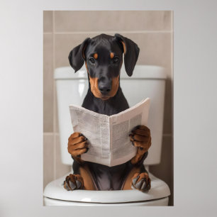 Funny Doberman Bathroom Print, Reading Newspaper Poster