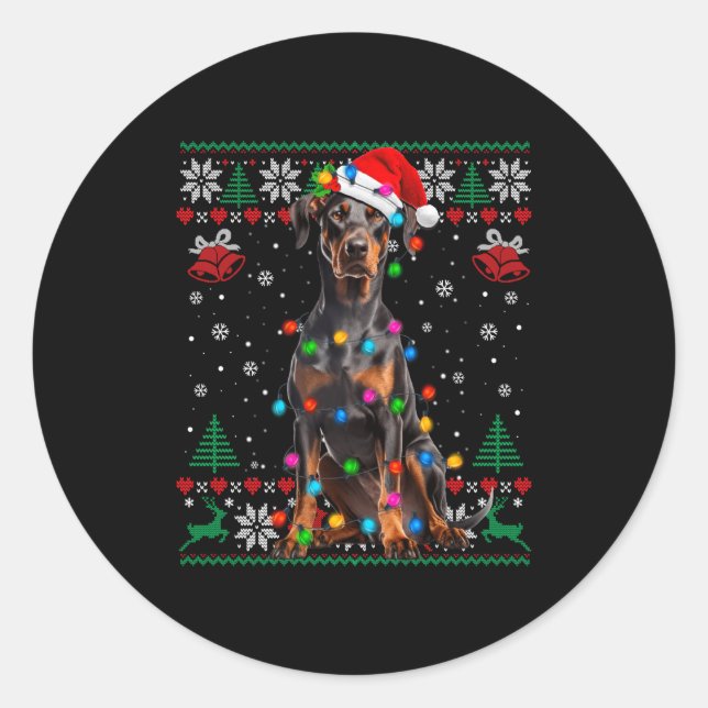 Funny Doberman Christmas Santa Hat Dog Ugly Sweate Classic Round Sticker (Front)