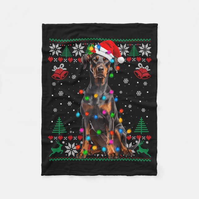 Funny Doberman Christmas Santa Hat Dog Ugly Sweate Fleece Blanket (Front)