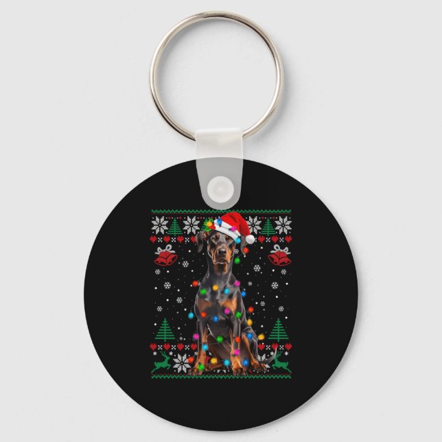 Funny Doberman Christmas Santa Hat Dog Ugly Sweate Keychain (Front)