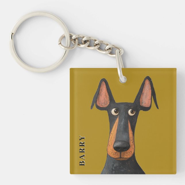 Funny Doberman Dog Black Tan Mustard Yellow  Keychain (Front)