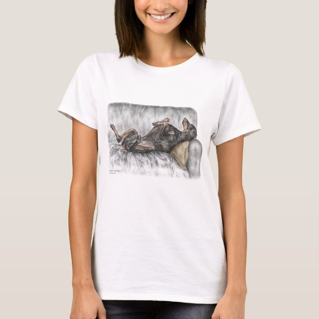 Funny Doberman on Sofa T-Shirt (Front)