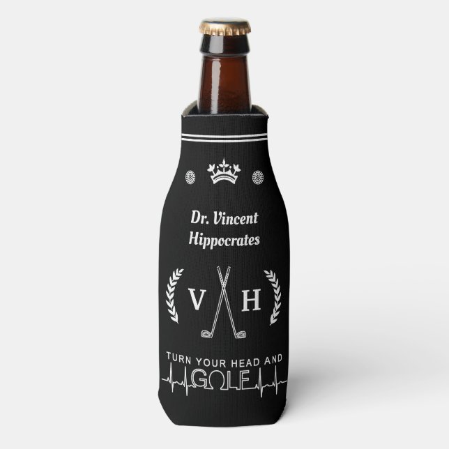 Funny Doctor Custom Name Monogram Black Golf Clubs Bottle Cooler (Bottle Front)