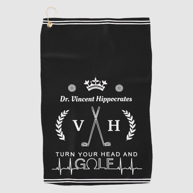 Funny Doctor Physician Custom Name Monogram Black Golf Towel (Front)