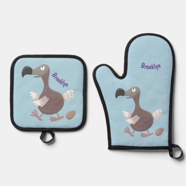Funny dodo bird cartoon illustration oven mitt & pot holder set (Front)