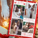 Funny Dog 4 Photo Collage YAPPY PAWLIDAYS Red Holiday Card<br><div class="desc">Funny dog photo holiday greeting card featuring 4 pictures with the greeting YAPPY PAWLIDAYS (or your custom greeting) in modern hand-lettered typography accented with dog paw prints against a white and red background with lights and stars. ASSISTANCE: For help with design modification or personalization, colour change, resizing, transferring the design...</div>