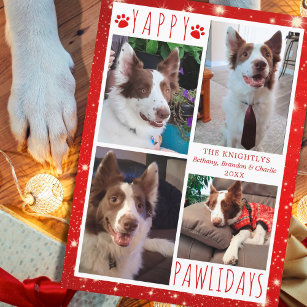 Funny Dog 4 Photo Collage YAPPY PAWLIDAYS Red Holiday Card