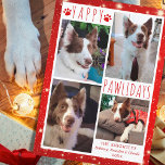 Funny Dog 4 Photo Collage YAPPY PAWLIDAYS Red Holiday Card<br><div class="desc">Funny dog photo holiday greeting card featuring 4 pictures with the greeting YAPPY PAWLIDAYS (or your custom greeting) in modern hand-lettered typography accented with dog paw prints against a white and red background with lights and stars. ASSISTANCE: For help with design modification or personalization, colour change, resizing, transferring the design...</div>