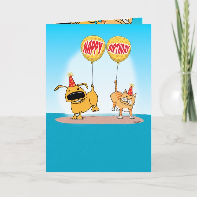 Funny Dog and Cat Balloon Tails Birthday Card (Front)