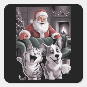 Funny Dog and Cat Selfie With Santa Christmas  Square Sticker