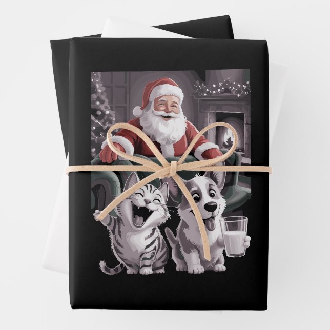 Funny Dog and Cat Selfie With Santa Christmas  Wrapping Paper Sheet (In situ)