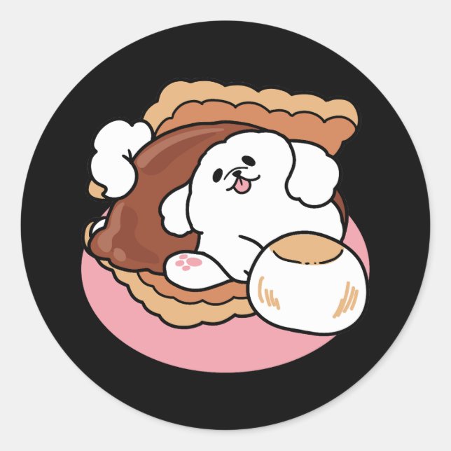 Funny Dog and S’more Design – Kawaii Pet Lover Pun Classic Round Sticker (Front)