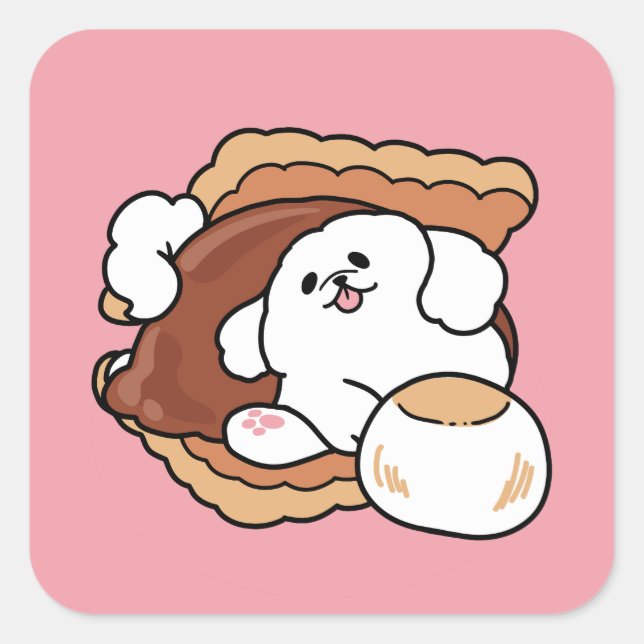 Funny Dog and S’more Design – Kawaii Pet Lover Pun Square Sticker (Front)