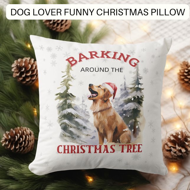Funny Dog Barking Around Christmas Tree Throw Pillow (Creator Uploaded)