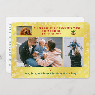 Funny Dog Cat 3 Photos Minimalist Elegant Golden Holiday Card