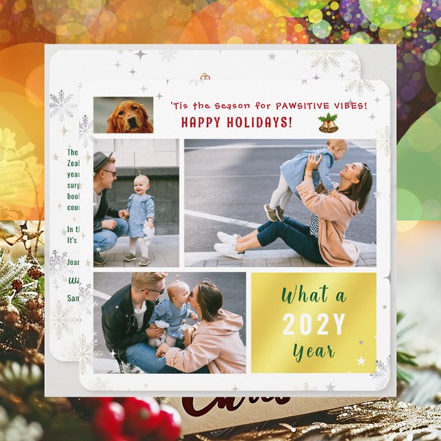 Funny Dog Cat 4 Photos Happy Holidays Pawsitive  Holiday Card (Cute Funny Pet Dog Pawsitive Vibes Happy Holidays 'Tis the Season 4 Photos Golden What a Year Letter)
