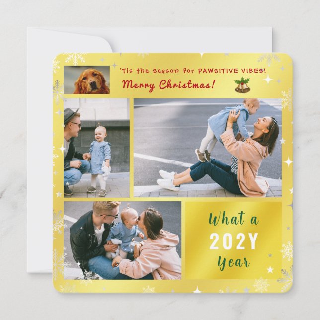 Funny Dog Cat Elegant Golden Photo Collage Letter Holiday Card (Front)