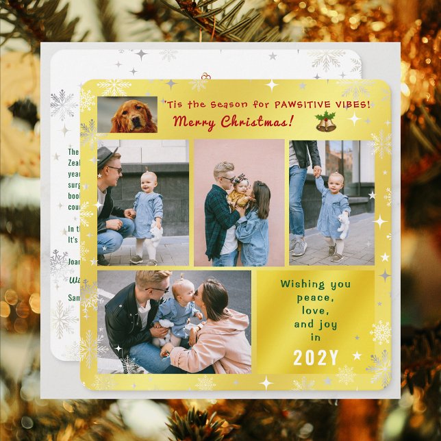 Funny Dog Cat Peace Love Joy Photos Modern Golden Holiday Card (Elegant Golden Cute Funny Pawsitive Vibes Pet Dog Christmas Card 5 Photos Peace Love Joy Snowflakes)