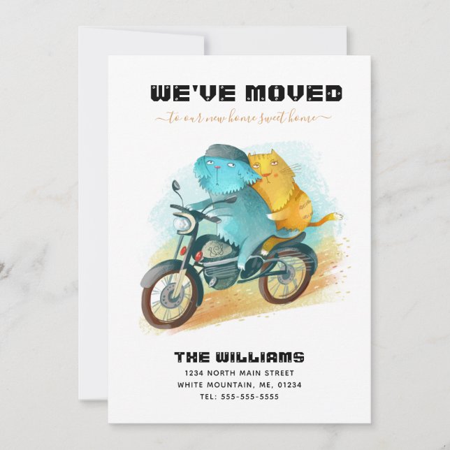 Funny Dog Cat Riding Motorcycle New Home Moving Announcement (Front)