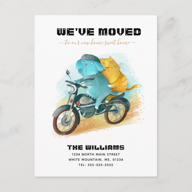 Funny Dog Cat Riding Motorcycle New Home Moving Announcement Postcard (Front)