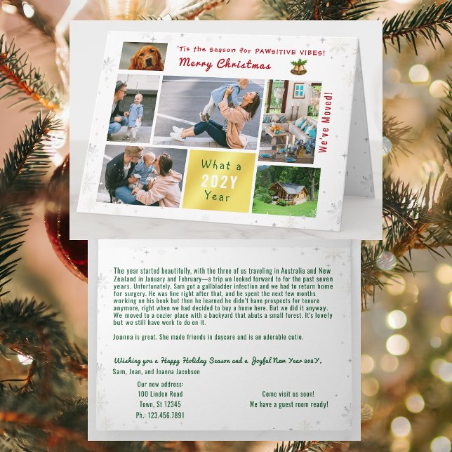 Funny Dog Cat We've Moved New Home 6 Photos Cute Card (Modern, elegant, funny Xmas card. Dog photo. We've Moved. 6 Photos. Peace, Love, Joy. Snowflakes)