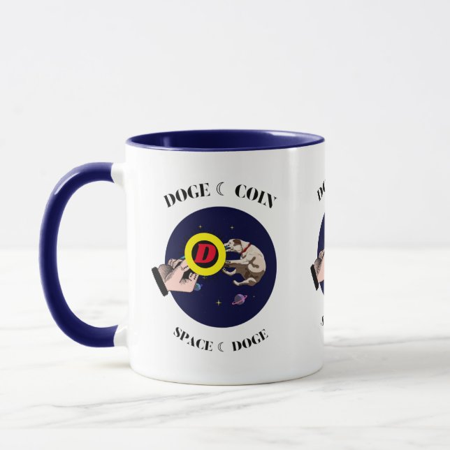 Funny Dog catches dogecoin in space  Mug (Left)
