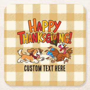 Funny Dog Chasing Turkey Plaid Happy Thanksgiving Square Paper Coaster