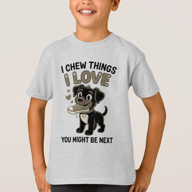 Funny Dog Chew Warning Graphic T-Shirt (Front)